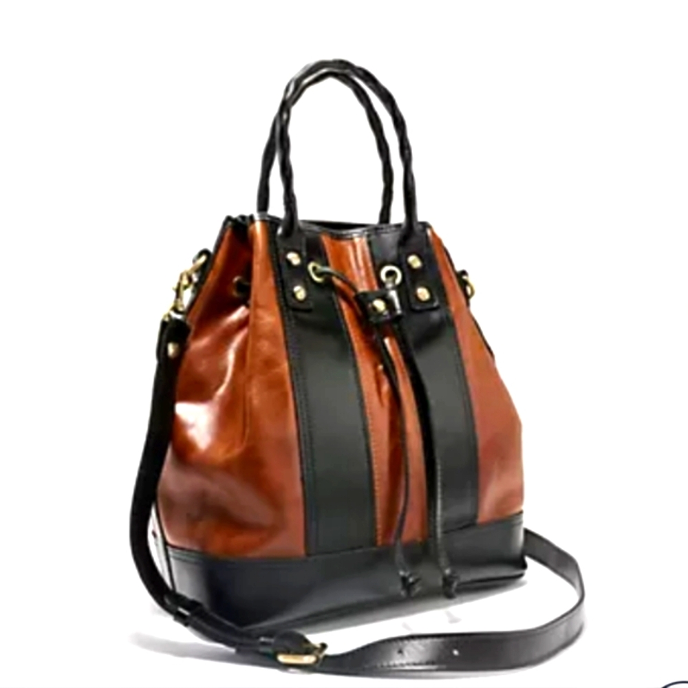 Patricia Nash Brown and Black Leather Drawstring Bucket Bag - Picture 2 of 16